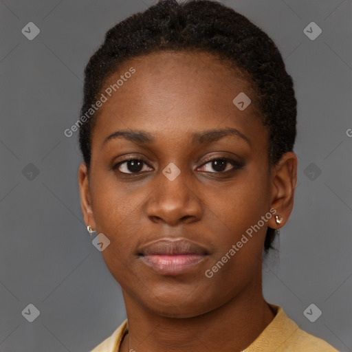 Neutral black young-adult female with short  brown hair and brown eyes