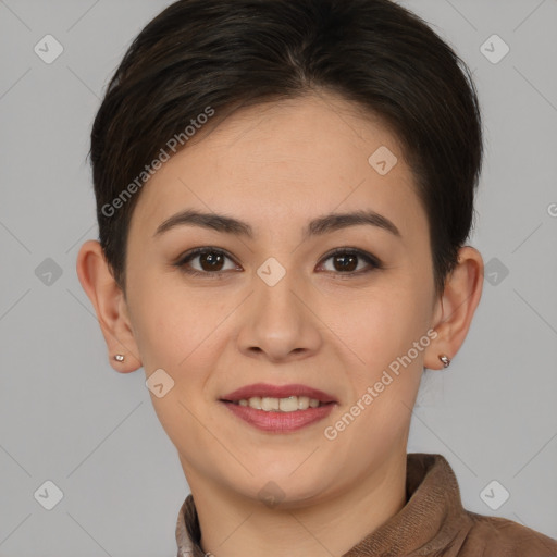 Joyful white young-adult female with short  brown hair and brown eyes