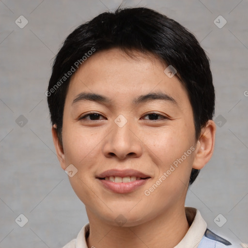 Joyful asian young-adult female with short  black hair and brown eyes