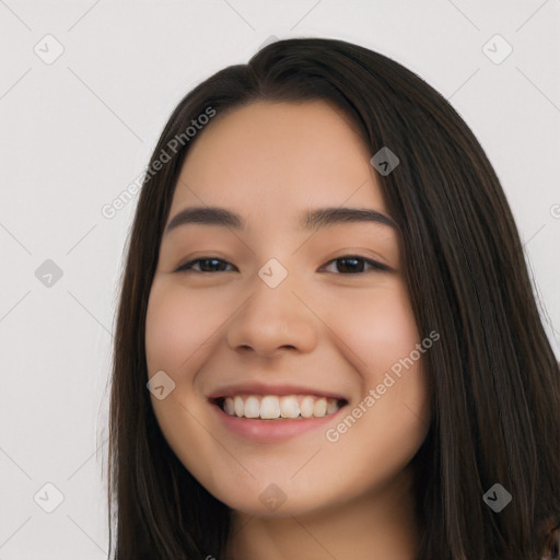 Joyful white young-adult female with long  black hair and brown eyes