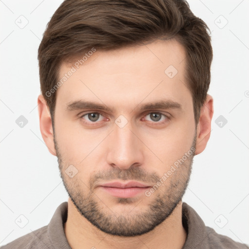 Neutral white young-adult male with short  brown hair and grey eyes