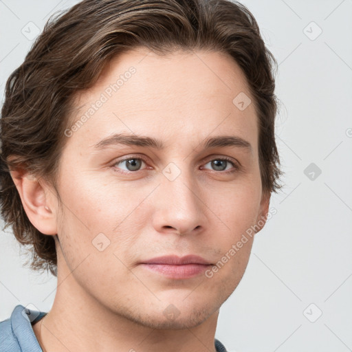 Neutral white young-adult male with short  brown hair and grey eyes