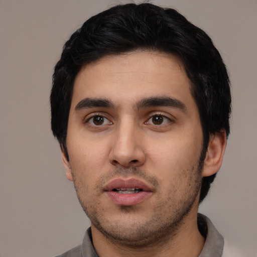 Neutral asian young-adult male with short  black hair and brown eyes