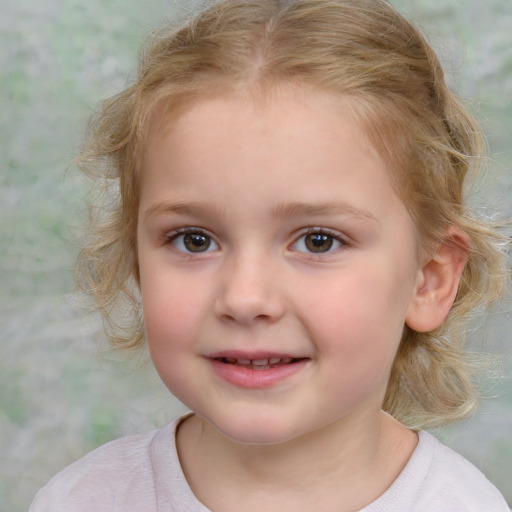 Joyful white child female with medium  brown hair and grey eyes