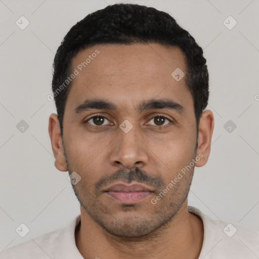 Neutral latino young-adult male with short  black hair and brown eyes