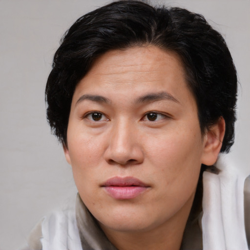 Joyful asian adult female with short  brown hair and brown eyes