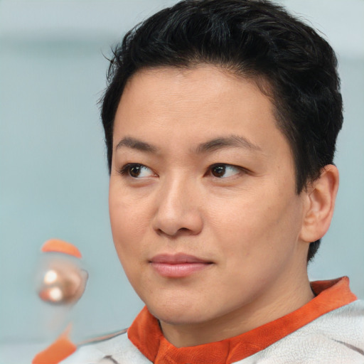 Joyful asian young-adult female with short  brown hair and brown eyes