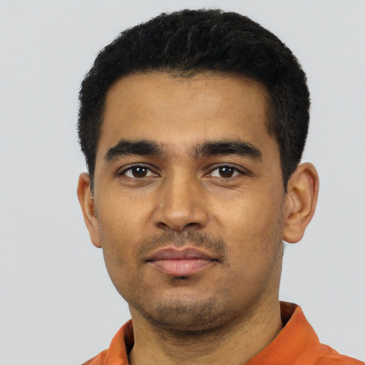 Neutral latino young-adult male with short  black hair and brown eyes
