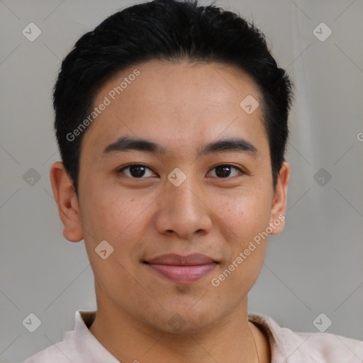 Joyful asian young-adult male with short  brown hair and brown eyes