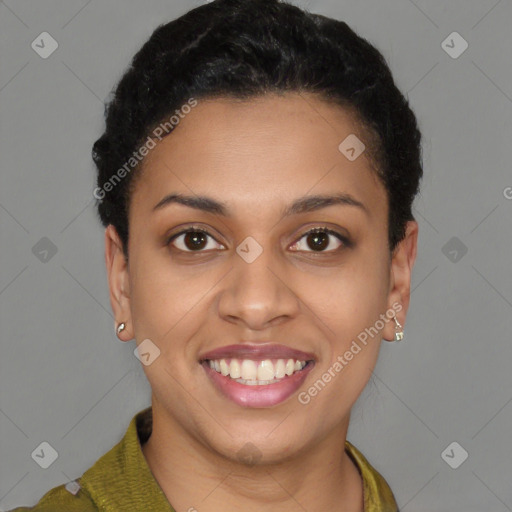 Joyful latino young-adult female with short  brown hair and brown eyes