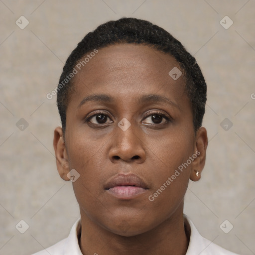 Neutral black young-adult female with short  brown hair and brown eyes