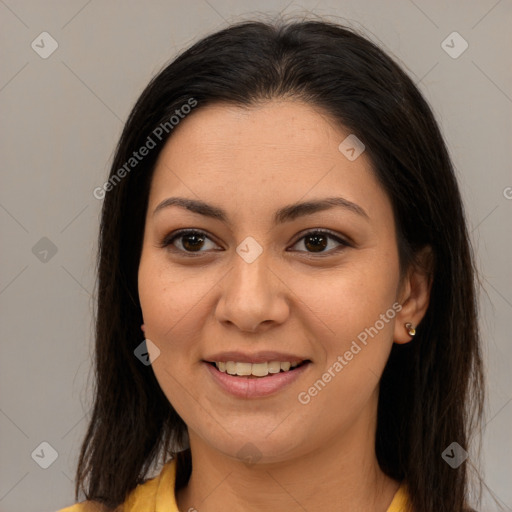 Joyful latino young-adult female with long  brown hair and brown eyes