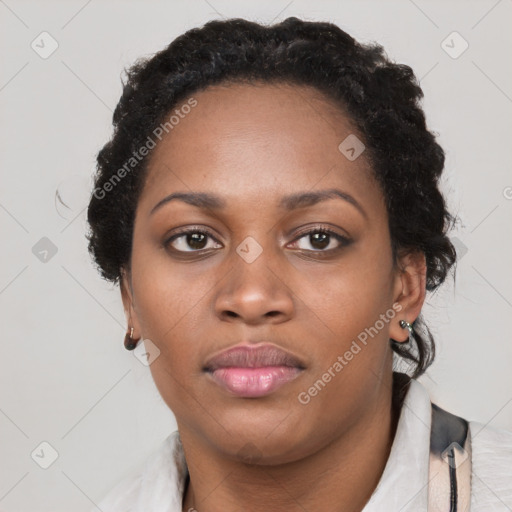 Neutral black young-adult female with short  black hair and brown eyes