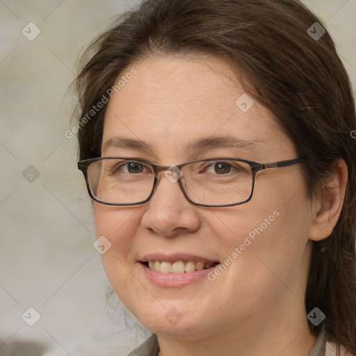 Joyful white adult female with medium  brown hair and brown eyes