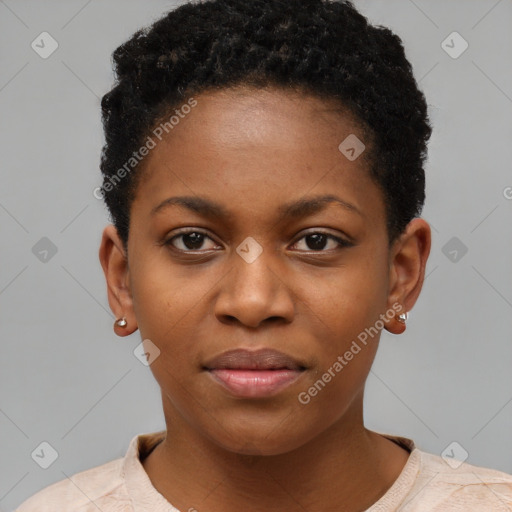 Neutral black young-adult female with short  black hair and brown eyes