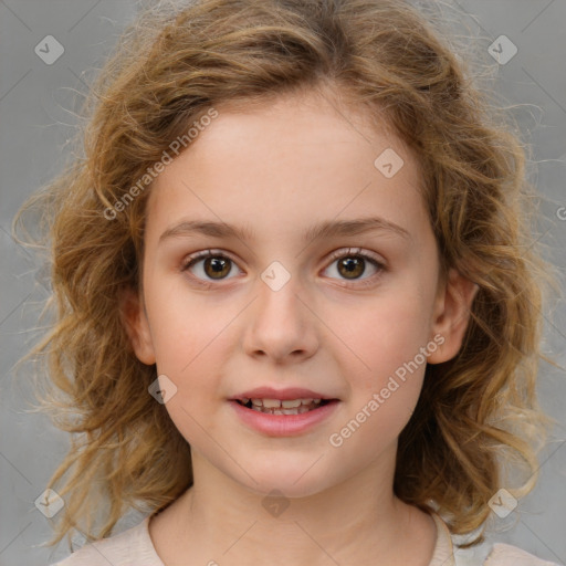 Joyful white child female with medium  brown hair and brown eyes