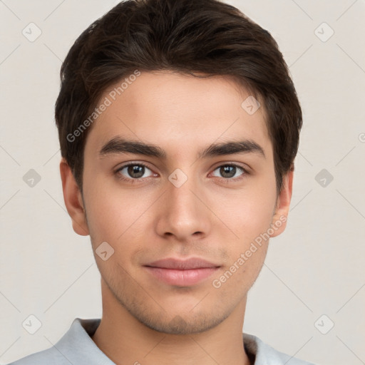 Neutral white young-adult male with short  brown hair and brown eyes