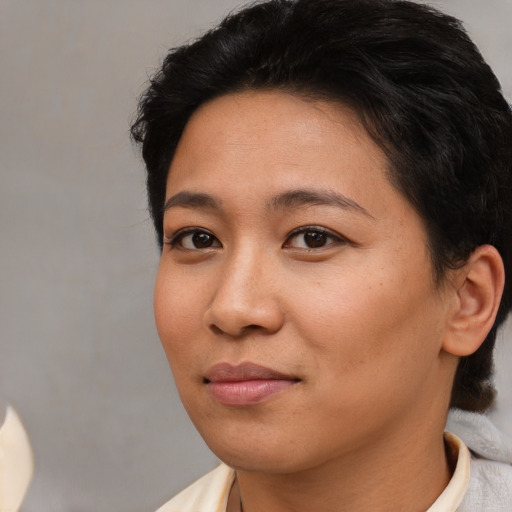 Neutral asian young-adult female with short  black hair and brown eyes