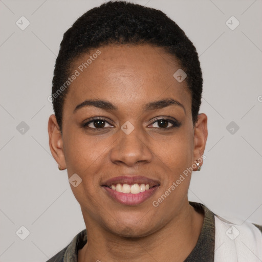 Joyful latino young-adult female with short  black hair and brown eyes