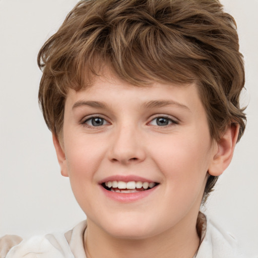 Joyful white child female with short  brown hair and brown eyes