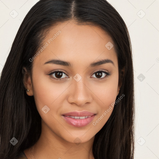 Joyful latino young-adult female with long  brown hair and brown eyes