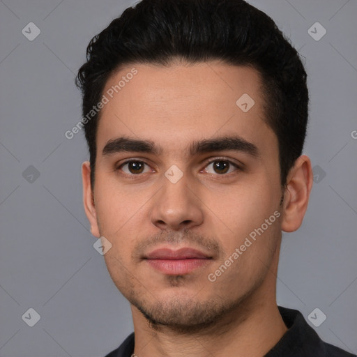 Neutral white young-adult male with short  black hair and brown eyes
