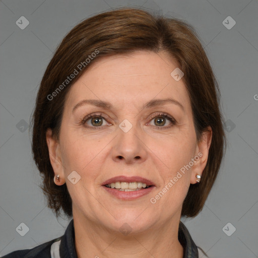 Joyful white adult female with medium  brown hair and grey eyes