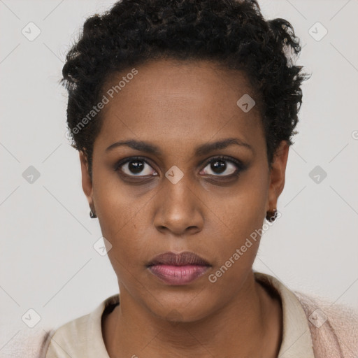 Neutral black young-adult female with short  black hair and brown eyes