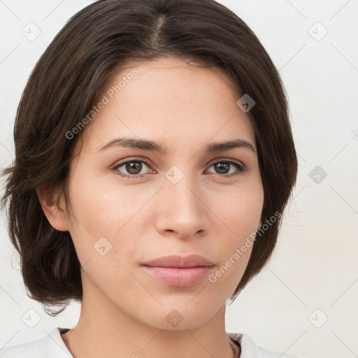 Neutral white young-adult female with medium  brown hair and brown eyes