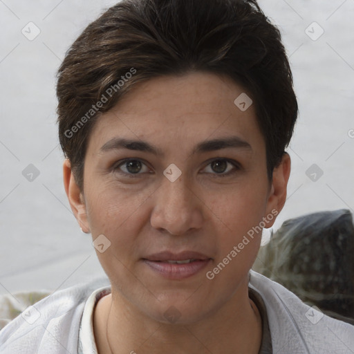 Joyful white young-adult female with short  brown hair and brown eyes