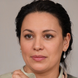 Joyful white adult female with short  brown hair and brown eyes