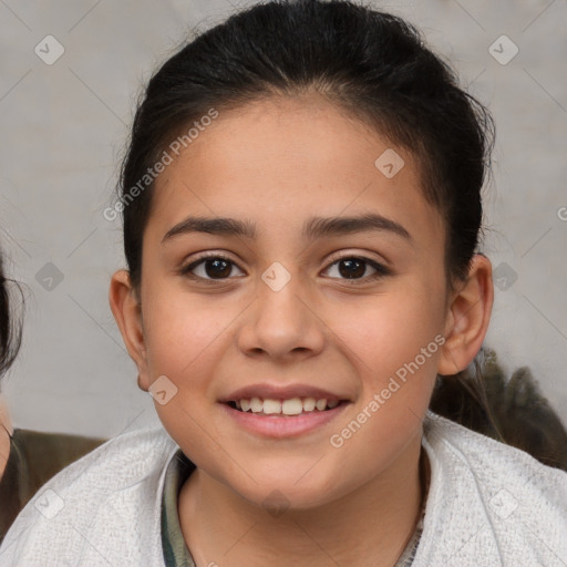 Joyful white child female with medium  brown hair and brown eyes