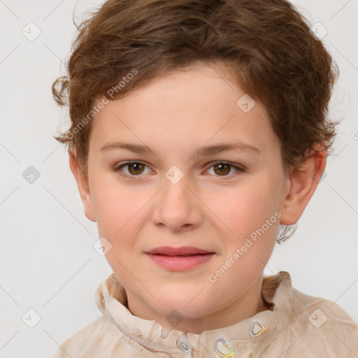 Joyful white child female with short  brown hair and brown eyes