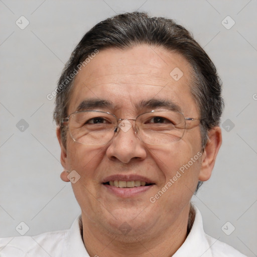 Joyful white middle-aged male with short  brown hair and brown eyes