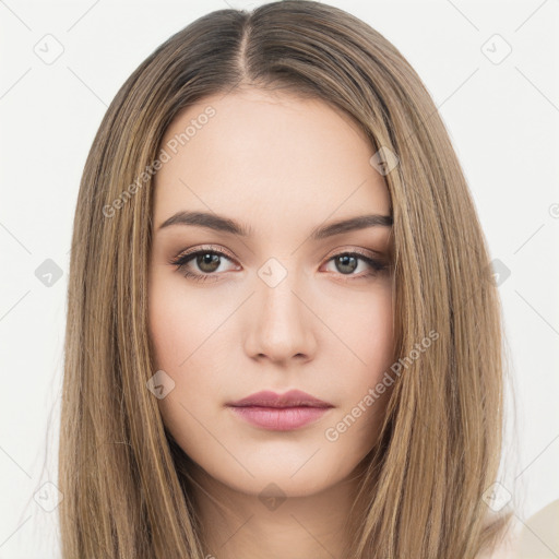 Neutral white young-adult female with long  brown hair and brown eyes