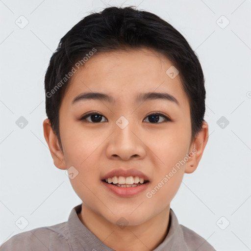 Joyful asian young-adult female with short  black hair and brown eyes