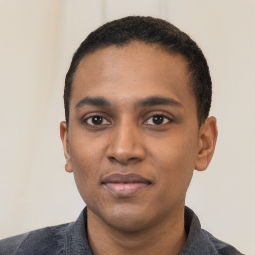 Neutral black young-adult male with short  black hair and brown eyes