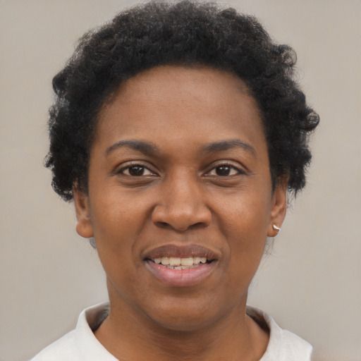 Joyful black adult female with short  black hair and brown eyes