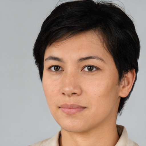 Neutral asian young-adult female with short  brown hair and brown eyes