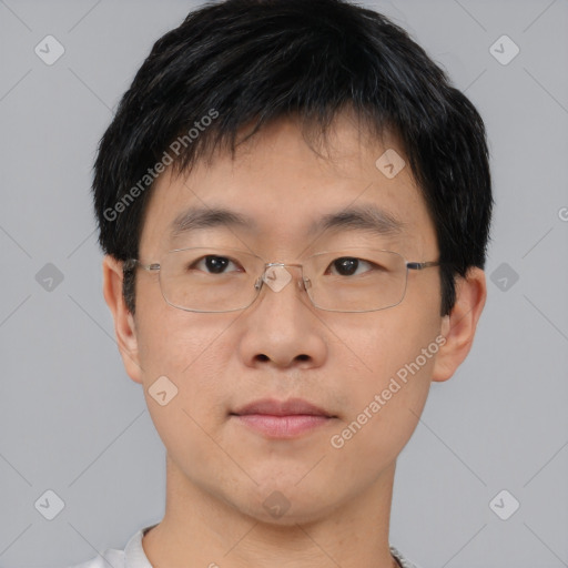 Neutral asian young-adult male with short  black hair and brown eyes