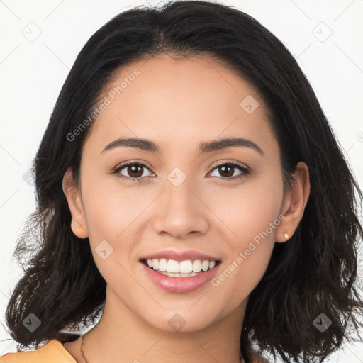 Joyful white young-adult female with long  brown hair and brown eyes