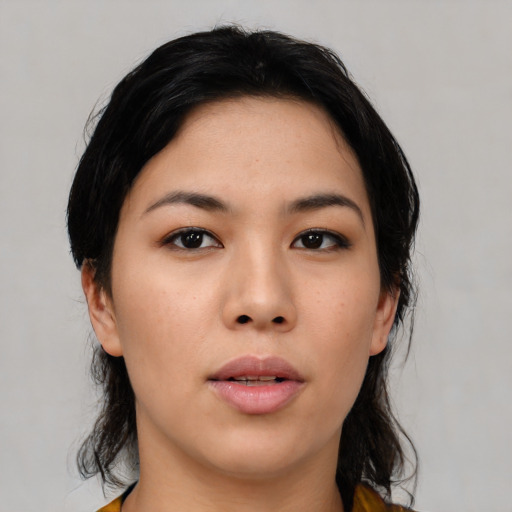 Neutral asian young-adult female with medium  black hair and brown eyes