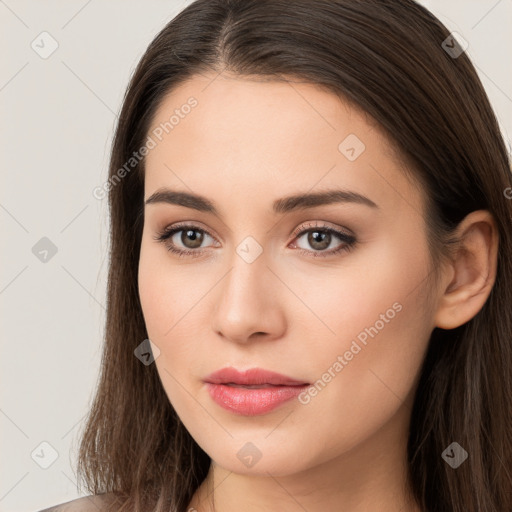 Neutral white young-adult female with long  brown hair and brown eyes