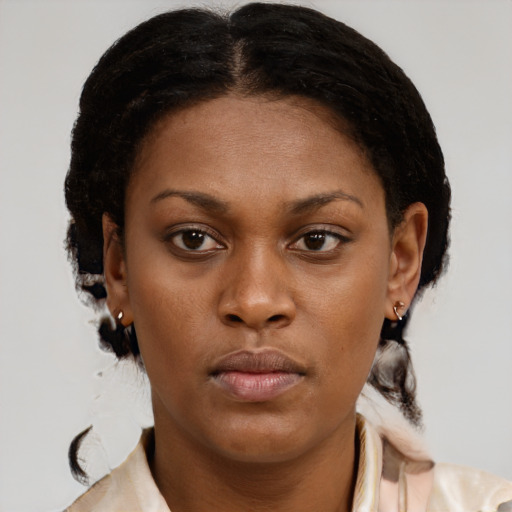 Neutral black young-adult female with medium  brown hair and brown eyes