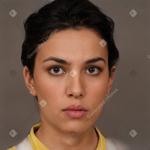 Neutral white young-adult female with short  brown hair and brown eyes