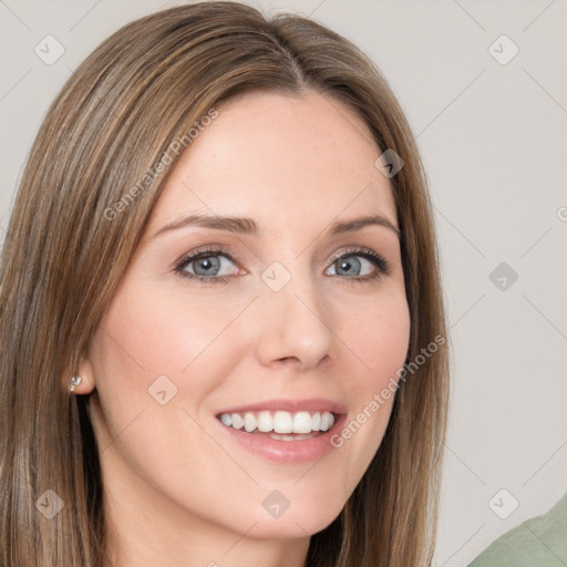 Joyful white young-adult female with long  brown hair and grey eyes