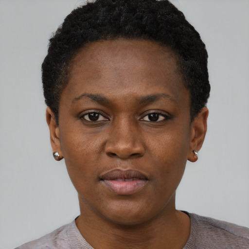 Neutral black young-adult female with short  black hair and brown eyes