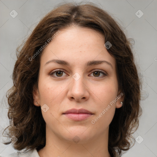 Joyful white young-adult female with medium  brown hair and green eyes