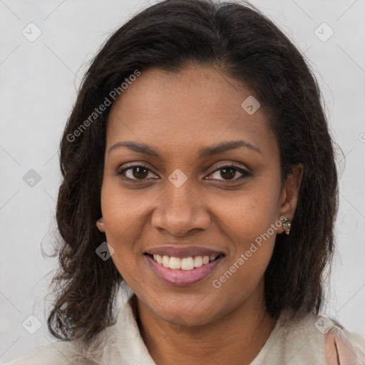 Joyful black young-adult female with medium  brown hair and brown eyes