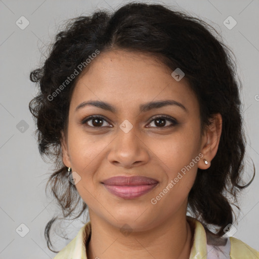 Joyful black young-adult female with medium  brown hair and brown eyes